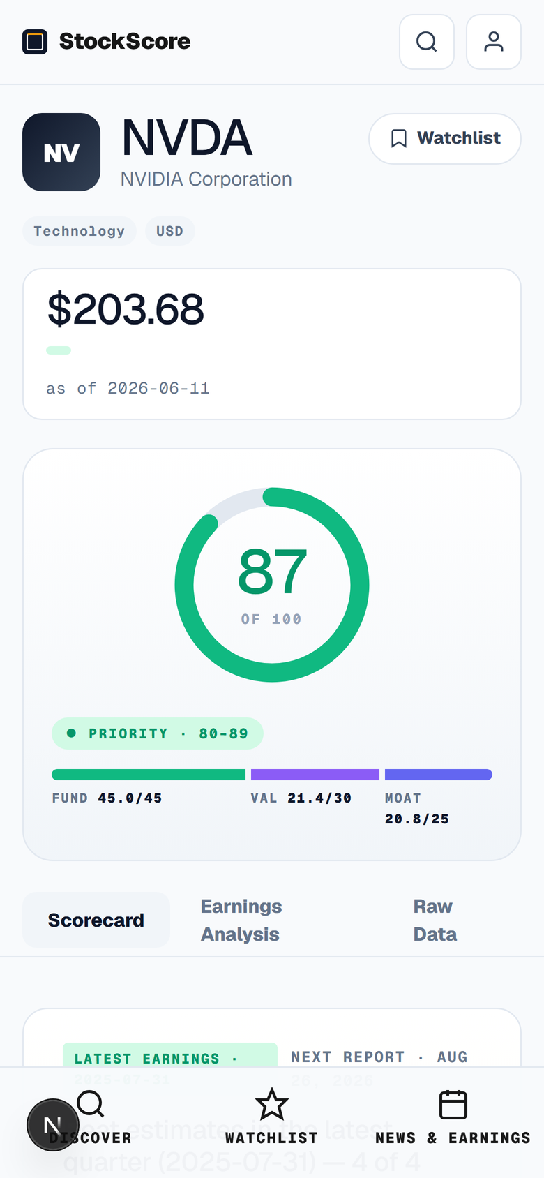 StockScore scorecard on a phone